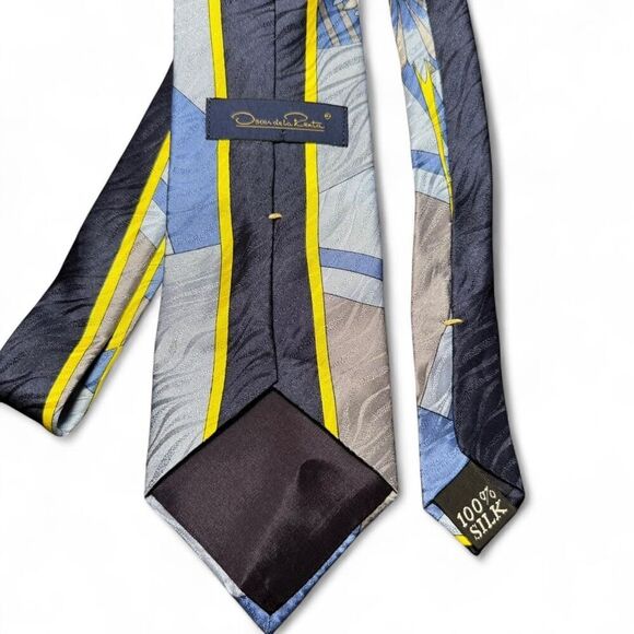 Oscar de la Renta Men’s silk necktie in yellow and blue design - Picture 2 of 5